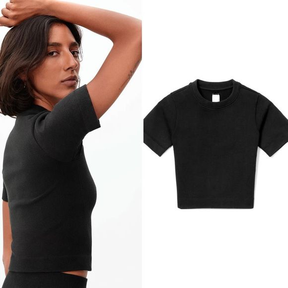 NEW Everlane The Seamless Tee XS/S Black Ribbed Short Sleeve Crew Crop Top Shirt - Picture 1 of 8
